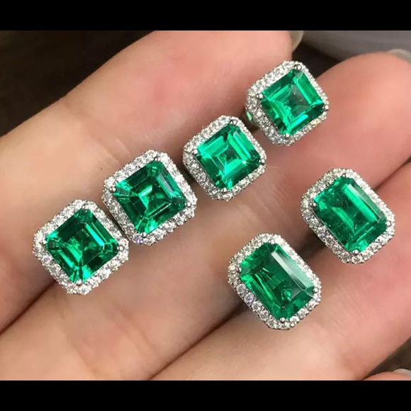 Lab Created Emerald Stud Earrings | Cushion Style| Christmas Stocking Stuffers - Picture 3 of 5